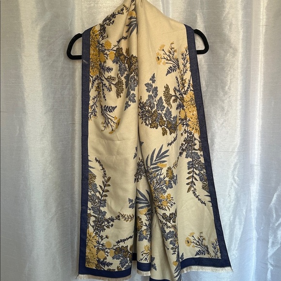 Floral Patterned Shawl Scarf with Blue and Gold Accents - Picture 6 of 7